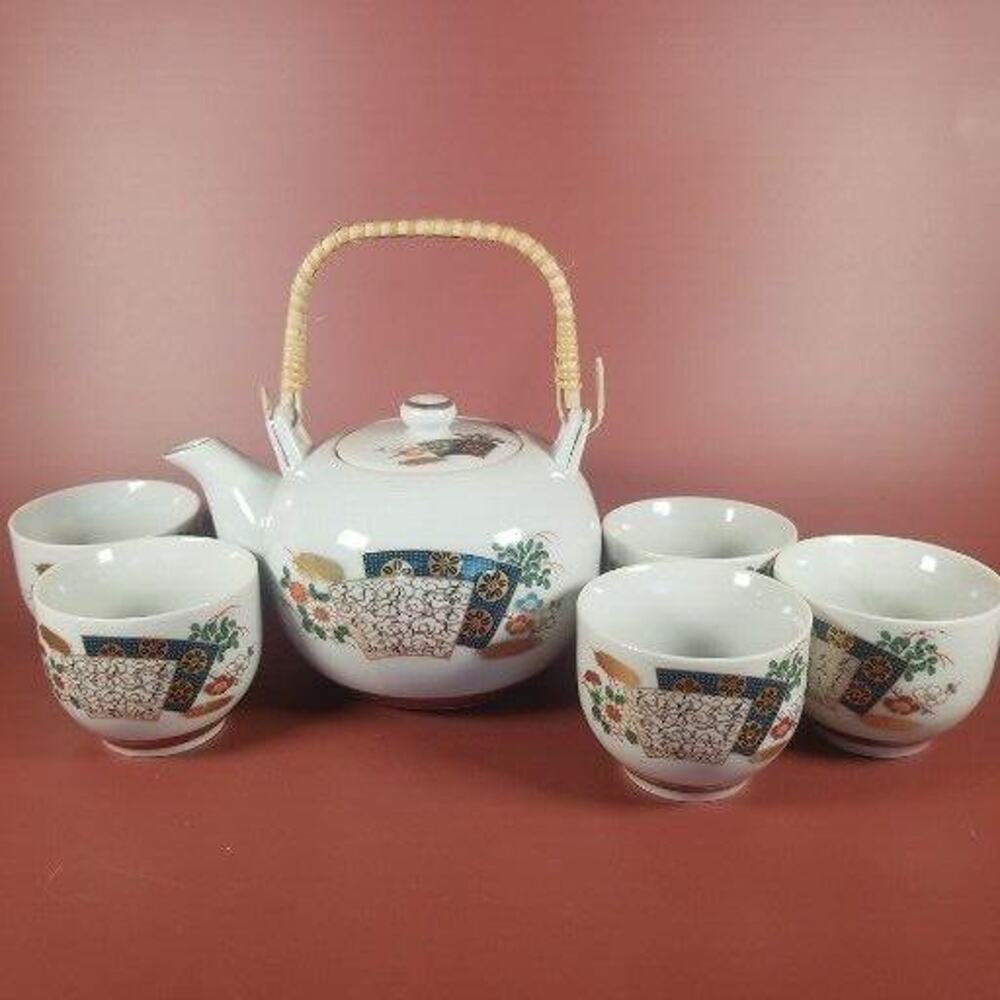 Vintage Japanese Tea Set Gold, Teal, with Flowers Teapot with Lid, 5 Teacups